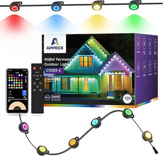 APPECK Permanent Outdoor Lights 100ft with 72 LEDs, DIY Scene Modes, Smart RGBW String Lights Waterproof, App/Remote Control for Christmas, Holiday, Alexa/Google Assistant Compatible, Black