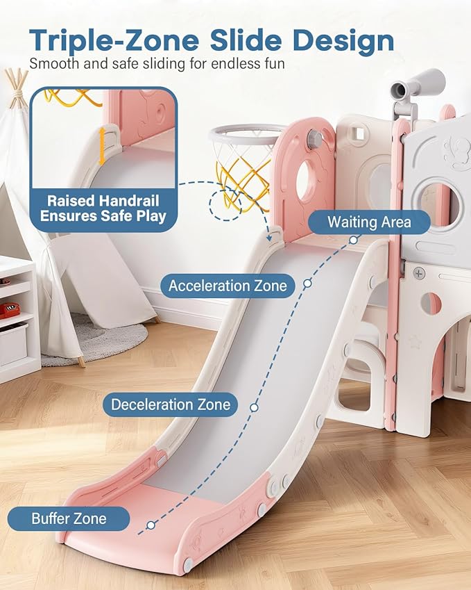 Babytronic Toddler Slide, 8 in 1 Kids Slide with Basketball Hoop, Telescope and Climber, Baby Slide Toddler Playground, Indoor Outdoor Playset for Toddlers Age 1-3, Kids Indoor Playground (Pink)