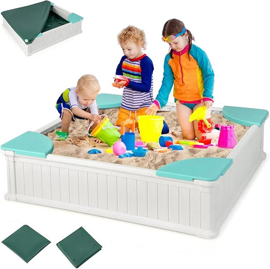 HONEY JOY 12.5 Kids Sandbox with Cover, 48 x 48 Inch Large HDPE Pit for Backyard, 4 Corner Seats & Bottom Liner, Sand Protection, All Weather Resistant Sand Boxes for Kids Outdoor (White)