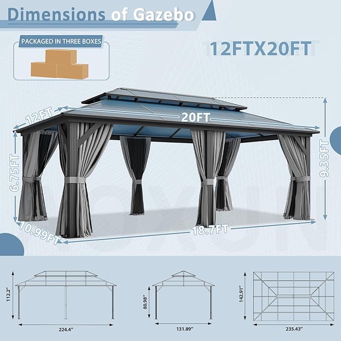 Aoxun 12'x20' Hardtop Gazebo, Aluminum Frame Permanent Pavilion with Curtains and Netting, Outdoor Polycarbonate Double Roof Canopy, Designed for Patio, Garden, Lawns, Gray