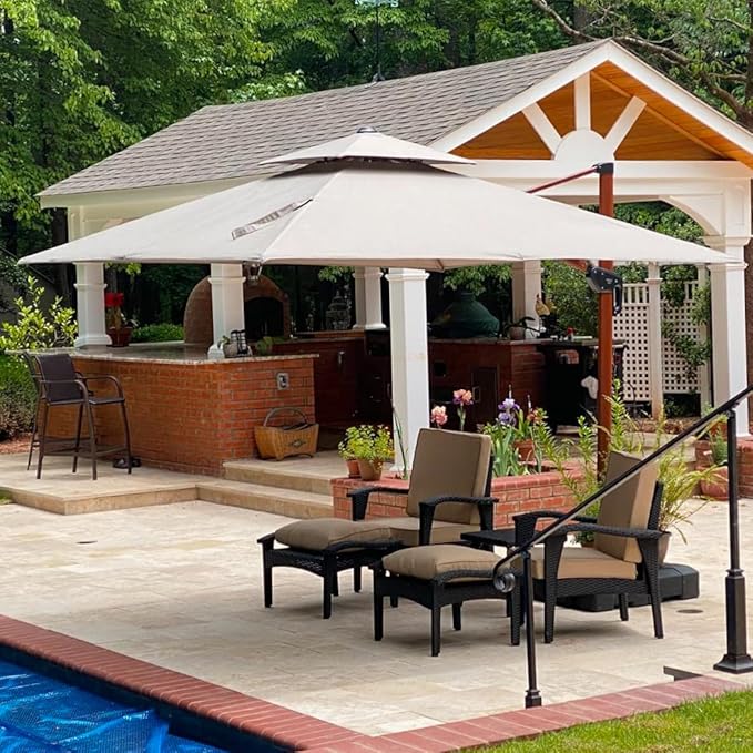 PURPLE LEAF 10 Feet Double Top Deluxe Wood Pattern Square Patio Umbrella Offset Hanging Umbrella Cantilever UmbrellaOutdoor Market Umbrella Garden Umbrella, Heather Beige