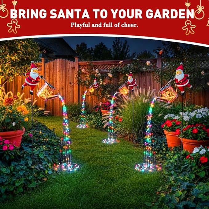 Christmas Santa Solar Kettle Lights Garden Lawn Decorative Lights, Hanging Metal Solar Santa Claus Watering Can Light for Outdoor, Xmas Yard Decor Lamp Vintage Lantern for Patio Path (White)