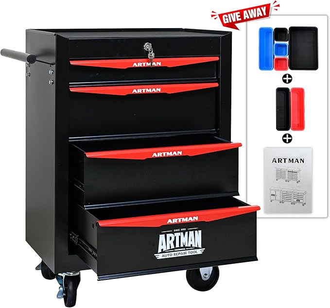 RYH 4/5/6/7 Drawers Rolling Tool Chest - Heavy Duty Mobile Tool Cart with Locking Wheels & Ball Bearing Drawers, 30.5 H x 20.9 W x13 D Garage Tool Storage Cabinet£¬Metal Tool Box (Black, 4 Drawers)