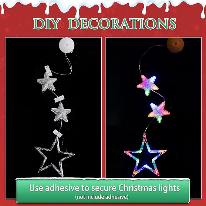 3Pcs Christmas Window Lights Decorations with Timer, Battery Powered Christmas Window Hanging Multicolor String Lighted Tree Bell Star Shaped LED Sucker for Xmas Window Fireplace Indoor Decor