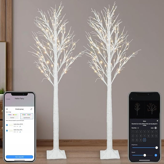 Smart Lighted Birch Twig Tree with Fairy Lights, APP Conrol, 6FT 120 Warm White LEDs, 18 Modes, Dimmable, Schedule, Music Sync Waterproof for Indoor Outdoor Home Christmas Holiday Decor, 2pack