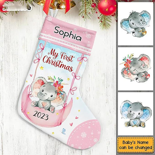 LOVELYPOD Christmas Stockings Personalized with Name, 19" Christmas Stocking Baby Gift My First Christmas Pink Elephant Stocking 2023, Xmas Stocking Holiday Christmas Decoration Gifts for Family Kids