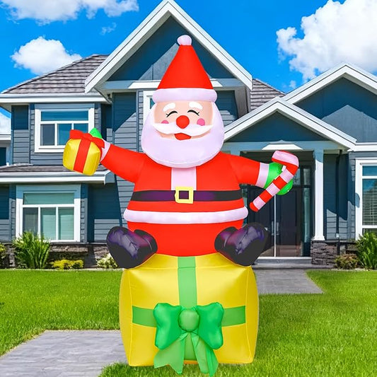 6FT Christmas Inflatables Outdoor Decorations,Inflatable Santa Claus Sitting on Gift Box Build-in LED Light-Christmas Blow Up Yard Decorations for Holiday Garden Lawn Yard Patio