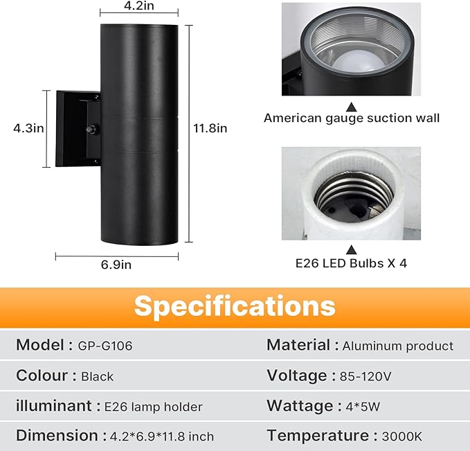 Dusk to Dawn Outdoor Wall Lights 2 Packs, Modern Outdoor Porch Lights with Bulbs, Integrated LED Cylinder Exterior Light Wall Mount, Up and Down Lighting Wall Sconce for House Porch Door