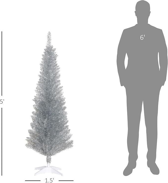 HOMCOM 5' Artificial Pencil Christmas Tree, Slim Xmas Tree with 294 Realistic Branch Tips and Plastic Stand, Silver