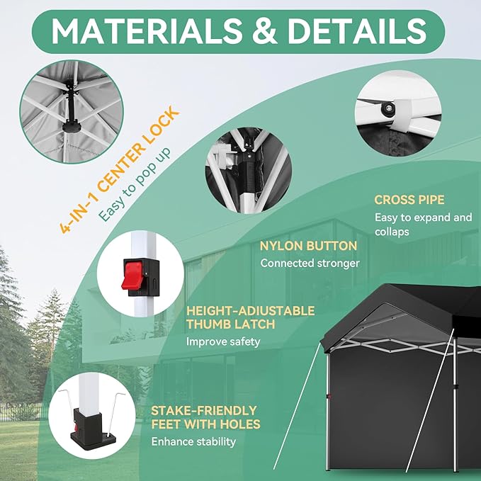 COBIZI 10x30 Pop Up Canopy with One Button Push Center Lock,Ez Up Portable Carport with 3 sidewalls,Waterproof UV50+ Outdoor Party Commercial Carport Canopy Gazebos with Roller Bag(10 x 30 ft Black)