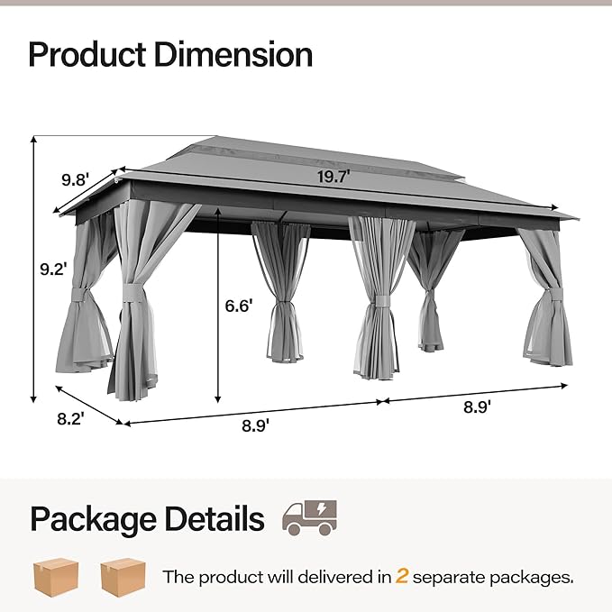 LAUSAINT HOME Semi-permanentPatio Gazebo 10'x20' with Expansion Bolts, Outdoor Heavy Duty Party Shelter with Double Roofs, Mosquito Nettings and Privacy Screens for Backyard, Garden, Lawn, Smoke Grey