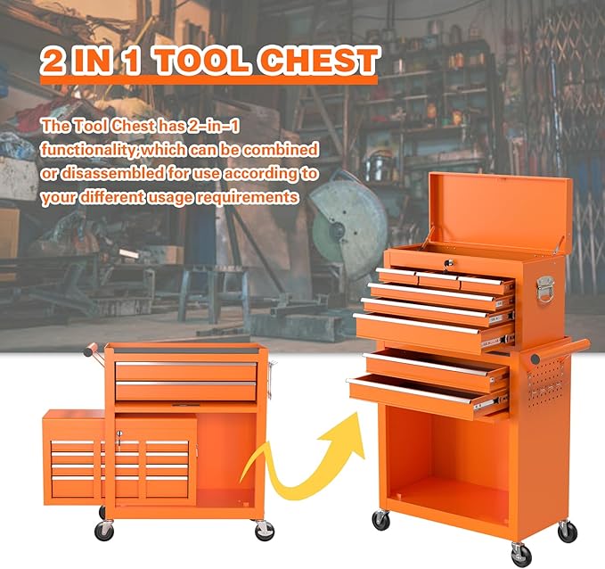 8-Drawer Rolling Tool Chest, High Capacity Removable Tool Storage Cabinet, Detachable Toolbox with Lock for Garage Warehouse and Tool Room (Orange)