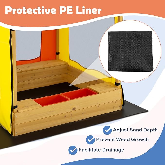 Costzon Kids Wooden Sandbox with Canopy, Outdoor Fir Wood Playhouse with Bottom Liner, Roll-up Door Curtains, Bench Seats & Storage Space, Sand Playground for Garden Backyard (Yellow&Blue)