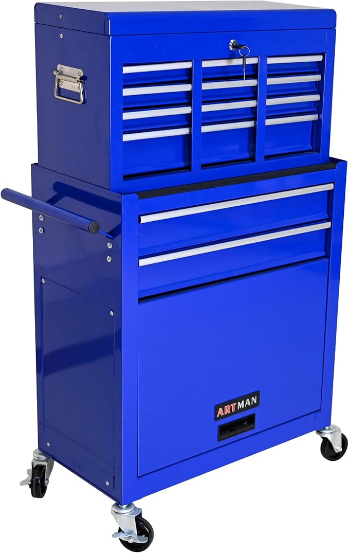 High Capacity Rolling Tool Chest with Wheels and 8 Drawers,Metal Storage Tool Cabinet W/Mobile Case,Pull Handle,4 Hooks,for Workshop Mechanics Garage,Blue