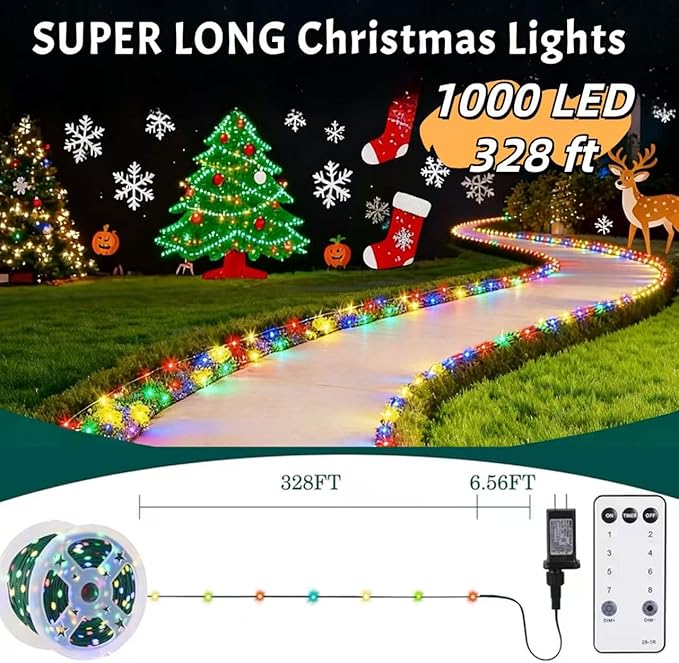 HYH Christmas Lights Outdoor 1000 LED 328FT String Lights Multicolored, IP67 Waterproof Indoor Christmas Fairy Multifunction Roll Light with Remote for Garden Tree Patio Balcony Xmas Party Decor