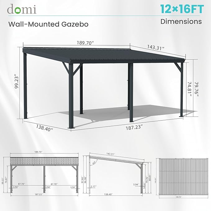 Domi 12' x 16' Lean to Gazebo, Wall Mounted Gazebos Pergola with Built in Drainage System, Galvanized Steel Roof, Hardtop Patio Shelter for Deck, Porch, Backyard and More,Gray