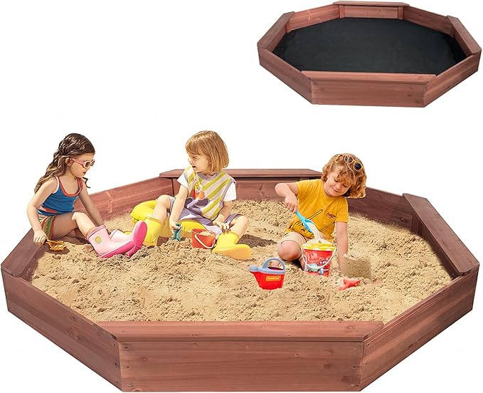 Wooden Octagonal Sandbox with Cover, Outdoor Sandpit with 4 Bench Seats, Sand Box for Children, Beach for Backyard, Patio, Garden£¬red