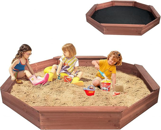 Wooden Octagonal Sandbox with Cover, Outdoor Sandpit with 4 Bench Seats, Sand Box for Children, Beach for Backyard, Patio, Garden£¬red