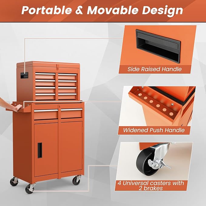 ERGOMASTER Tool Chest Heavy Duty Rolling Tool Box with Cabinet 5-Drawer for Lockable & Removable Cabinet for Garage and Workshop - Orange