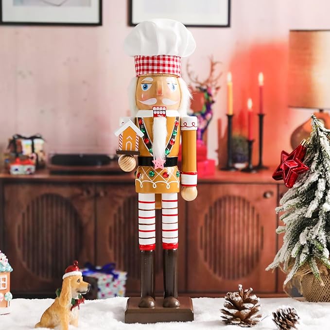 Christmas Nutcracker Decoration - 15 Inch Wooden Gingerbread House Soldier Figure for Table Desktop Home Christmas Decor Xmas Indoor Decor Cook