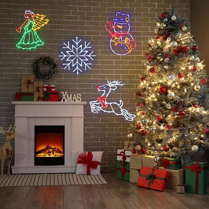 16" Christmas Window Silhouette Lights Decorations - 4 Pack Colour Lighted Angel ＆ Reindeer ＆ Snowflake ＆ Snowman for Holiday Wall Door Window Decorate
