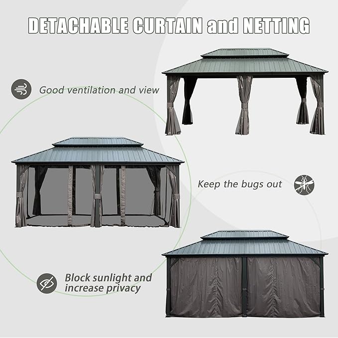 Domi Hardtop Gazebo 12x18FT, Aluminum Metal Gazebo with Galvanized Steel Double Roof Canopy, Curtain and Netting, Permanent Gazebo Pavilion for Patio, Backyard, Deck and Lawn, Grey