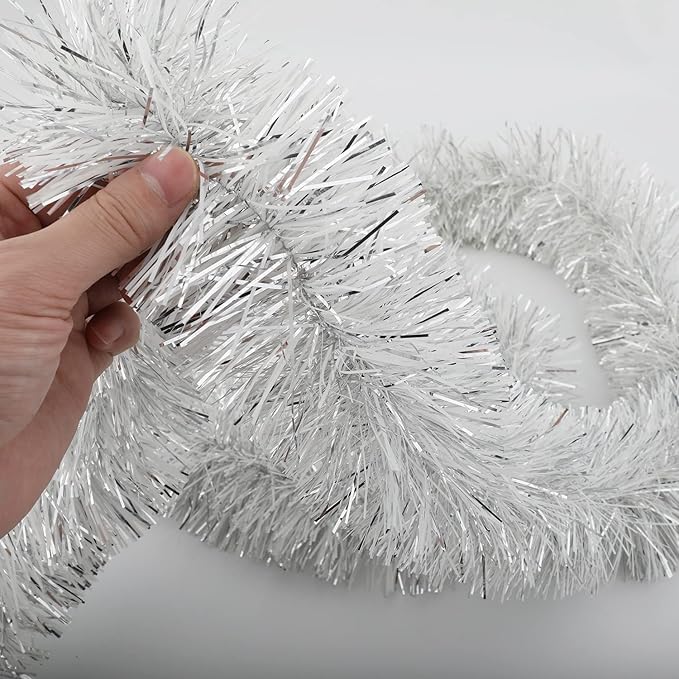 25 ft Long Roll Silver & White Tinsel Twist Garland, Shiny Metallic Foil Decorations for Halloween, Parade Floats, Christmas Eve, New Year Parties (4" x 25' roll, Silver & White)