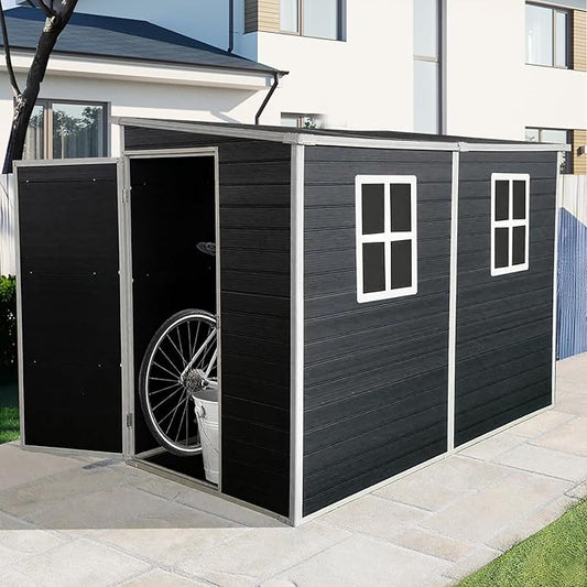 4x8 FT Resin Storage Sheds Outdoor with Floor, 2 Windows & Lockable Door Storage Shed - Waterproof Garden Tool Shed, Patio & Backyard Tool Storage Cabinet Use - Black