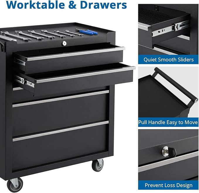 Rolling Tool Chest with Wheels - Heavy Duty 5 Drawer Tool Cart with Keyed Lockable, Side Handle, Protective Liner, Mobile Metal Storage Organizer Cabinets for Garage, Warehouse, Repair Shop