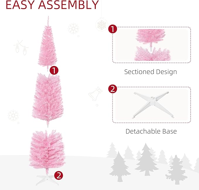 HOMCOM 7' Artificial Pencil Christmas Tree, Slim Xmas Tree with 499 Realistic Branch Tips and Plastic Stand, Pink