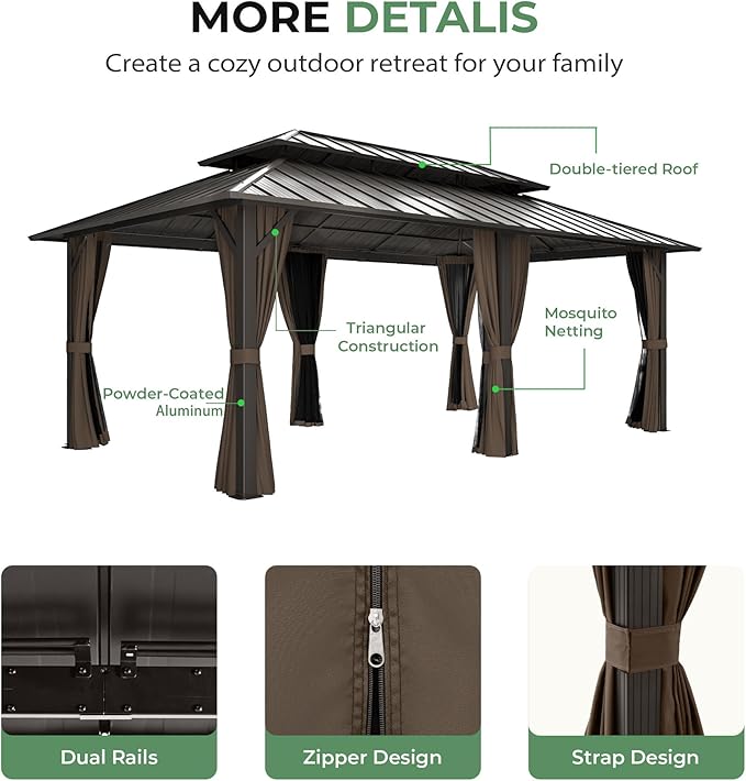 12' x 20' Hardtop Gazebo, Aluminum Frame Gazebo with Double Galvanized Steel Roof, Outdoor Permanent Pavilion with Netting & Curtains for Backyard, Garden, or Deck, Brown