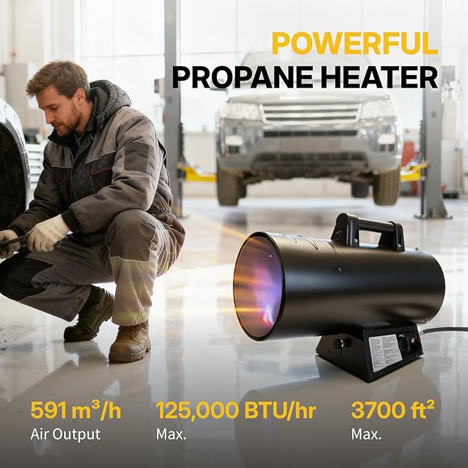 125,000 BTU Portable Forced Air Propane Heater - 10 ft Hose & Regulator Included, Adjustable Torpedo Heater for Garage, Construction Sites, Jobsite, Patio