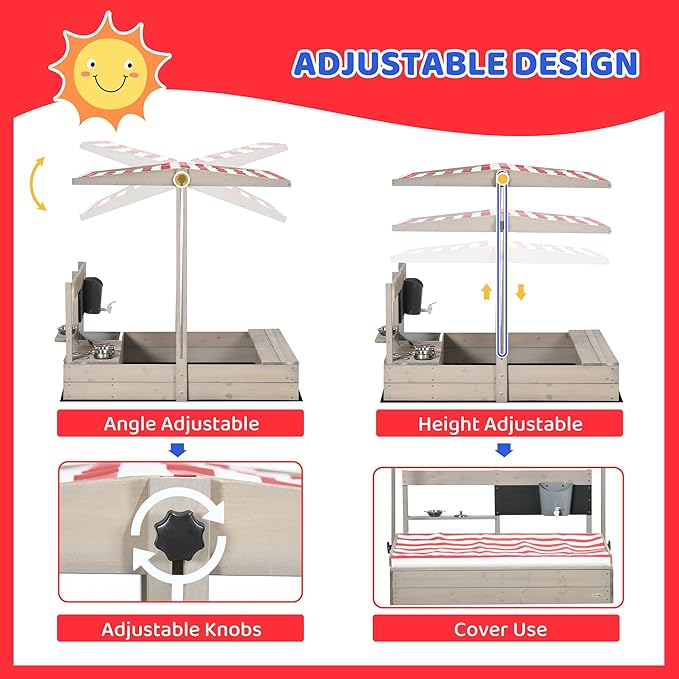 Outsunny Kids Sandbox with Cover, Wooden Outdoor Sandbox with Kitchen Playset Accessories, Height Adjustable Canopy, Outdoor Activity Gift for Boys and Girls Ages 3-7