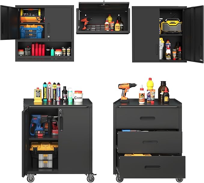 Metal Tool Cabinet,Garage Storage Cabinet System,Wall Cabinet & Locking Rolling Tool Cabinet with Doors and Adjustable Shelves,Steel Tool Cabinets for Home (5 Pcs-StyleB, Black)