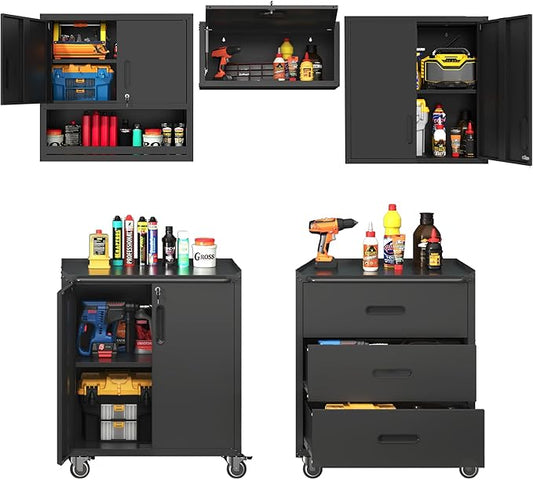 Metal Tool Cabinet,Garage Storage Cabinet System,Wall Cabinet & Locking Rolling Tool Cabinet with Doors and Adjustable Shelves,Steel Tool Cabinets for Home (5 Pcs-StyleB, Black)