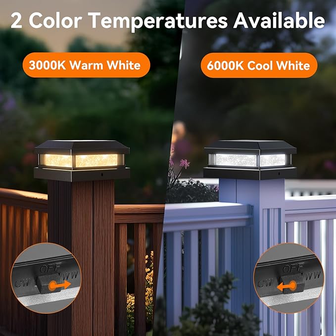 Brightever 4x4 Solar Light Outdoor 4 Packs, Waterproof Solar Powered Post Cap Light for 5x5 Vinyl/Wooden Post with Warm/Cool Lighting, Black 16LEDs Deck Cap Lights for Outside, Garden, Patio, Porch