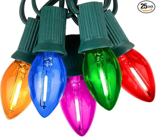 C7 LED Christmas String Lights,25Ft Multicolor Outdoor Lights with 27 Energy-Efficient,Waterproof Clear Bulbs for Indoor/Outdoor Holiday & Party Decor
