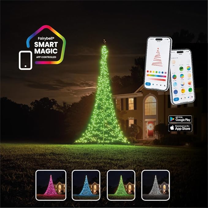 Fairybell - Flagpole LED Christmas Tree - Outdoor Christmas Decorations - Smart Magic - 864 LED Tree - 13ft - Suitable for Existing Flagpoles - Outdoor Lighting