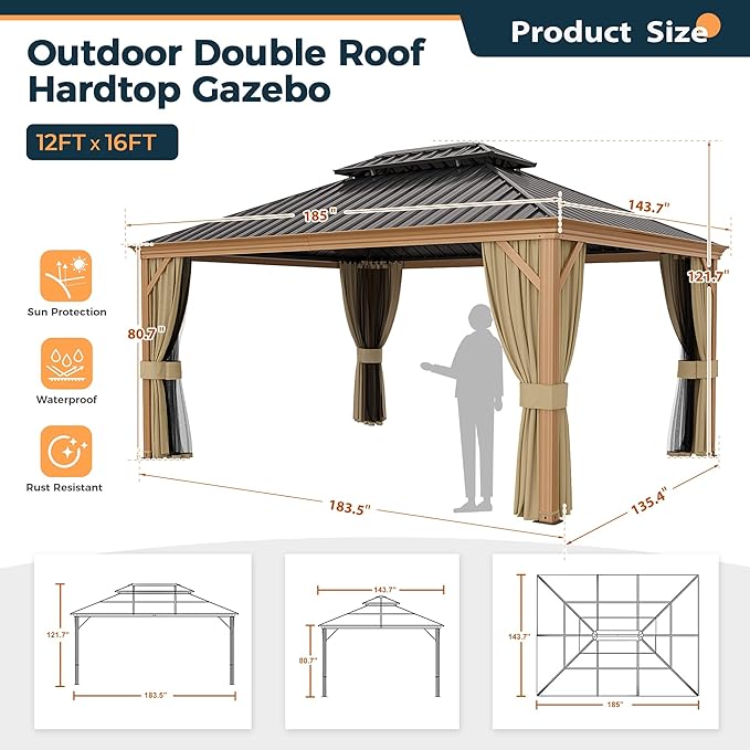 HAPPATIO 12' x 16' Hardtop Gazebo, Outdoor Wood Grain Frame Aluminum Gazebo, Double Roof Permanent Patio Canopy with Netting and Curtains for Garden, Patio, Lawns, Parties (Beige)