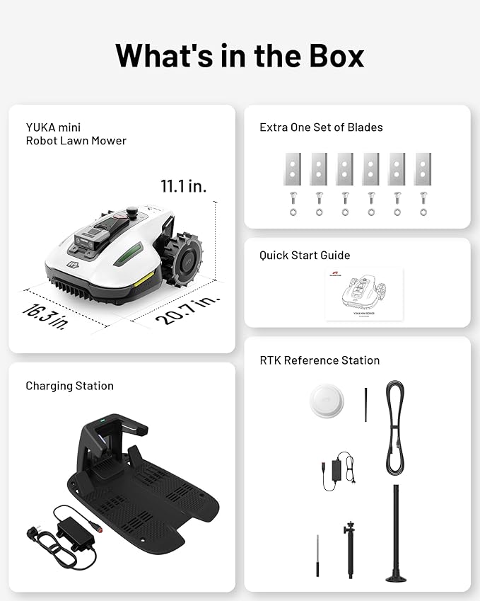 YUKA Mini 500 Robotic Lawn Mower with Replacement Blades for 0.12 Acre, Max. 0.25 Acre, Ultrasense AI Vision+ RTK Positioning, Auto Mapping, App Control, 50% Slope, 15 Mowing Zones Management