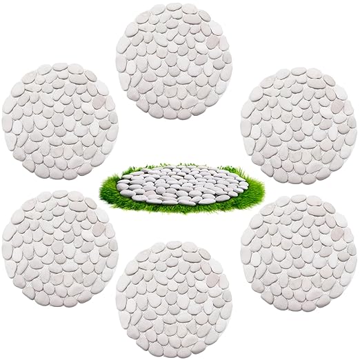 10in River Rock Stepping Stones Set - 6 Pack | Polished Pebble | Long-Lasting PVC Mesh Backing | Perfect for Garden Paths and Lawns Outdoor Landscaping Decoration | White Circle
