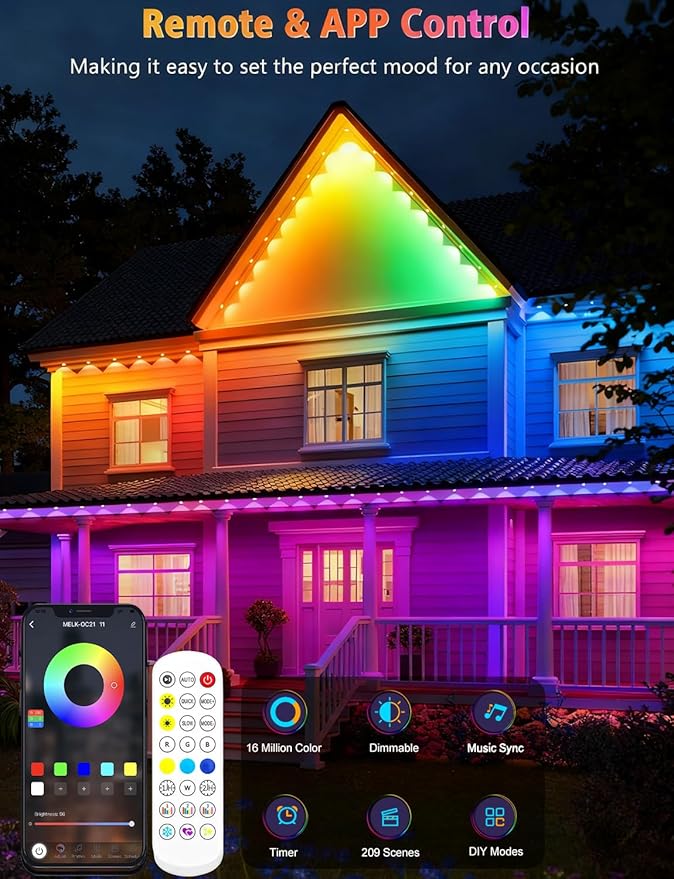 100FT Permanent Outdoor Lights, 60 LED Smart RGB&IC Outdoor Eave Lights with App/Remote Control, 209 Scene Modes, IP67 Waterproof Outside Light for House Party Christmas