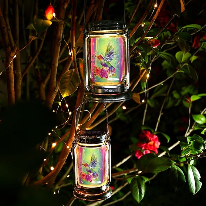 2 Pack Hummingbird Solar Outdoor Lanterns, Gifts for Women Mom Grandma, Vintage Glass Mason Jar Solar Fairy Lights, Waterproof Garden Lights for Patio Yard Lawn Tree Party Decor