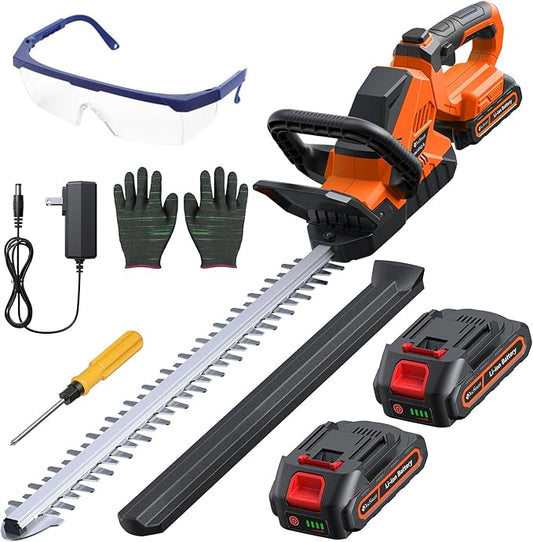 20'' Cordless Hedge Trimmer with Battery, 3000RPM Electric Handheld Bush Clipper with 2pcs 2000mAh Rechargeable Batteries, 180¡Æ Rotatable Head, 2/3'' Blade Gap Orange