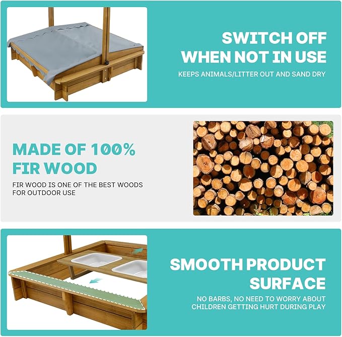 Outdoor Kids Sandbox with Lid, Wooden Sand Box with Cover, with 2 Side Buckets, Adjustable Canopy & UV-Protection, Smooth Surface, Sand Box for Kids Ages 2-8£¨45.3x45.3in£©