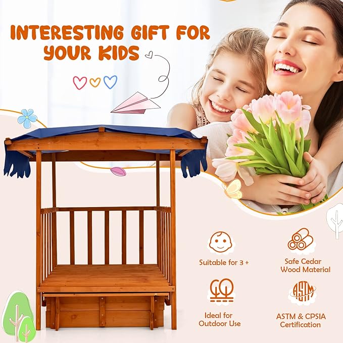 GLACER 3 in 1 Kids Sandbox, Wooden Cedar Bottomless Sand Pit w/Canopy, Large Play Area, Rear Wheels and Guardrails, Portable Sand Boxes in Backyard Garden Lawn Beach for Boys Girls