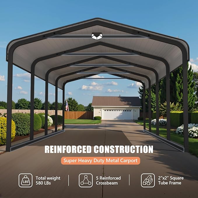 12x20 Metal Carport, Galvanized Steel Roof Car Port with Remvoable Polyethylene Sidewalls