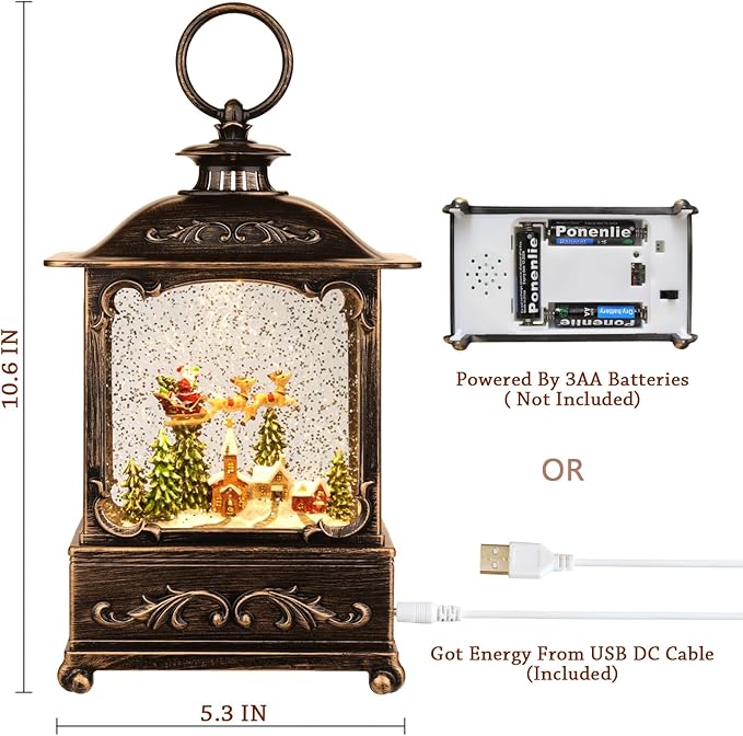 Christmas Decorations Christmas Snow Globe Glittering Lantern with Music & Timer, Christmas Lanterns USB Lined/Battery Operated Lighted Lantern for Decoration Gifts