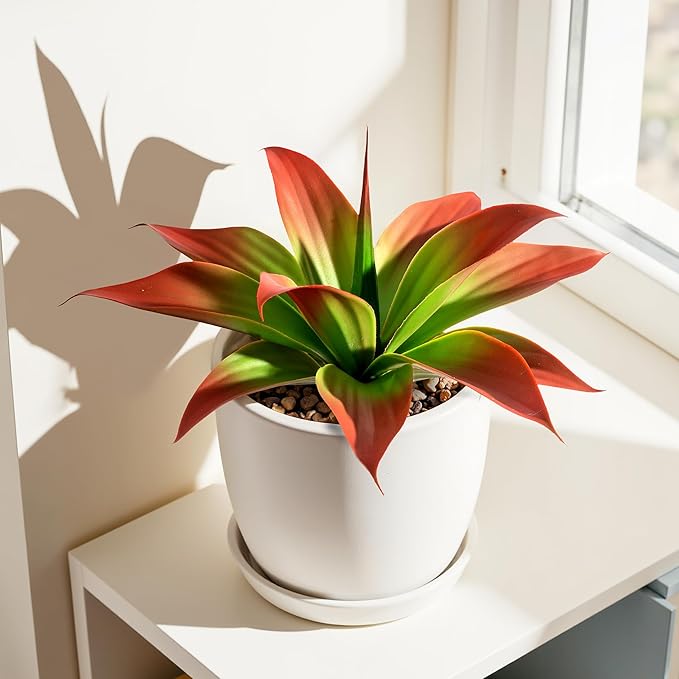 Artificial Agave Plants,Large UV Resistant Fake Agave Planters 12" for Indoor and Outdoor Decorating Tropical Plant Succulents Greenery Indoor Decor (2Pack, Red)