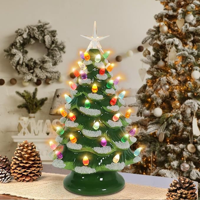 Ceramic Christmas Tree 12 Inch Tabletop Christmas Tree Vintage Christmas Decoration Battery Operated Small Green Xmas Trees with Multicolored Lights